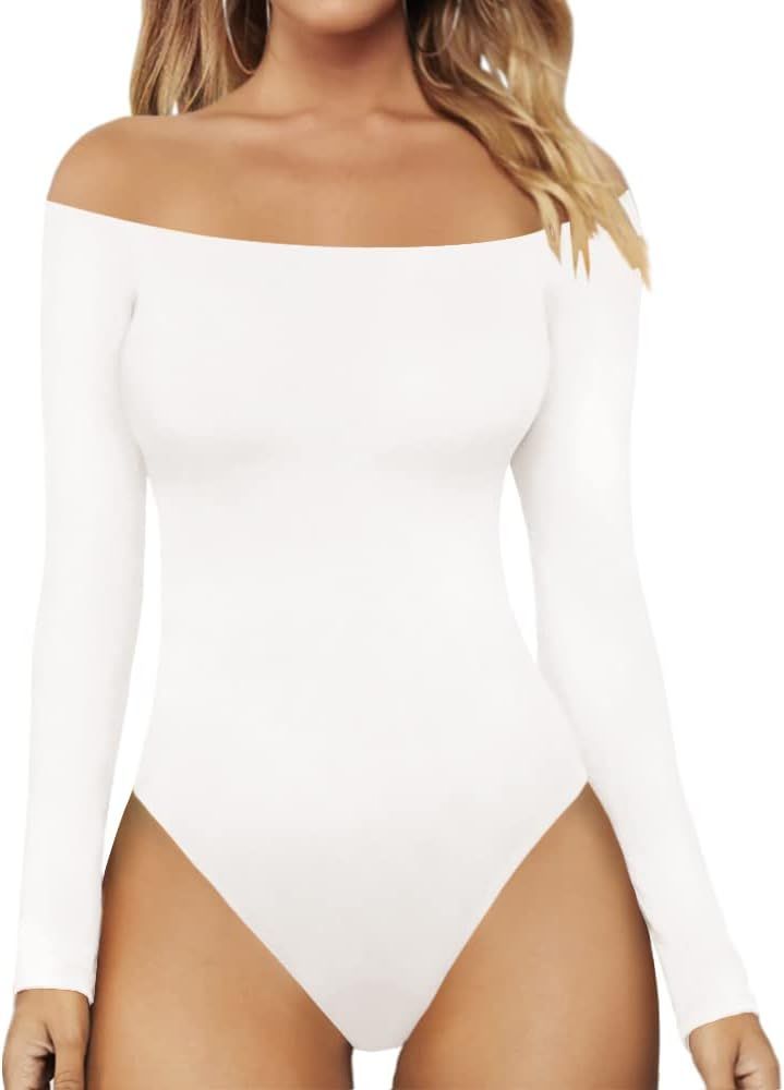 Amazon.com: MANGOPOP Womens Off Shoulder Short Sleeve Long Sleeve Tops T Shirt Bodysuit Jumpsuit ... | Amazon (US)