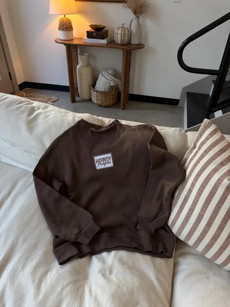 Howdy Pumpkin Embroidered Fall Sweatshirt | Cozy Brown Mock Neck Pullover | Autumn Embroidery Cre... | Etsy (US)