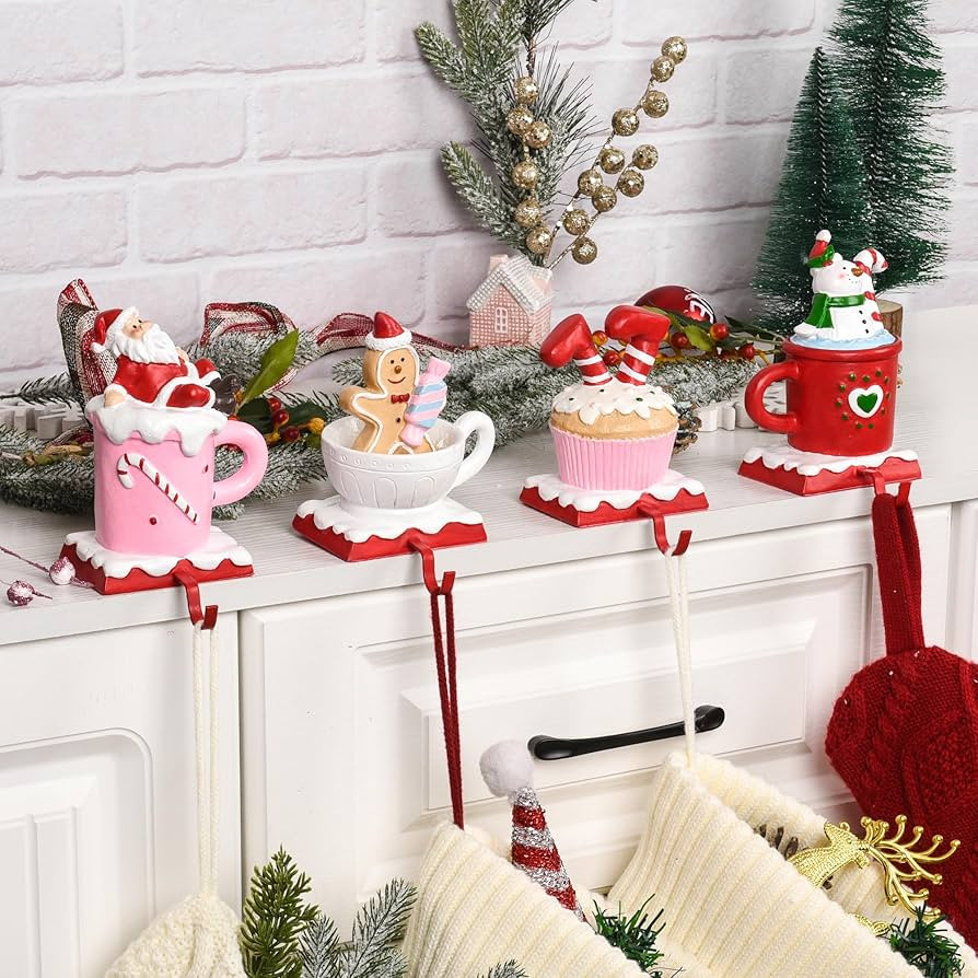 Heavy-Duty Christmas Stocking Holders for Mantle, Set of 4 Weighted Pink Santa Themed Xmas Stocki... | Amazon (US)