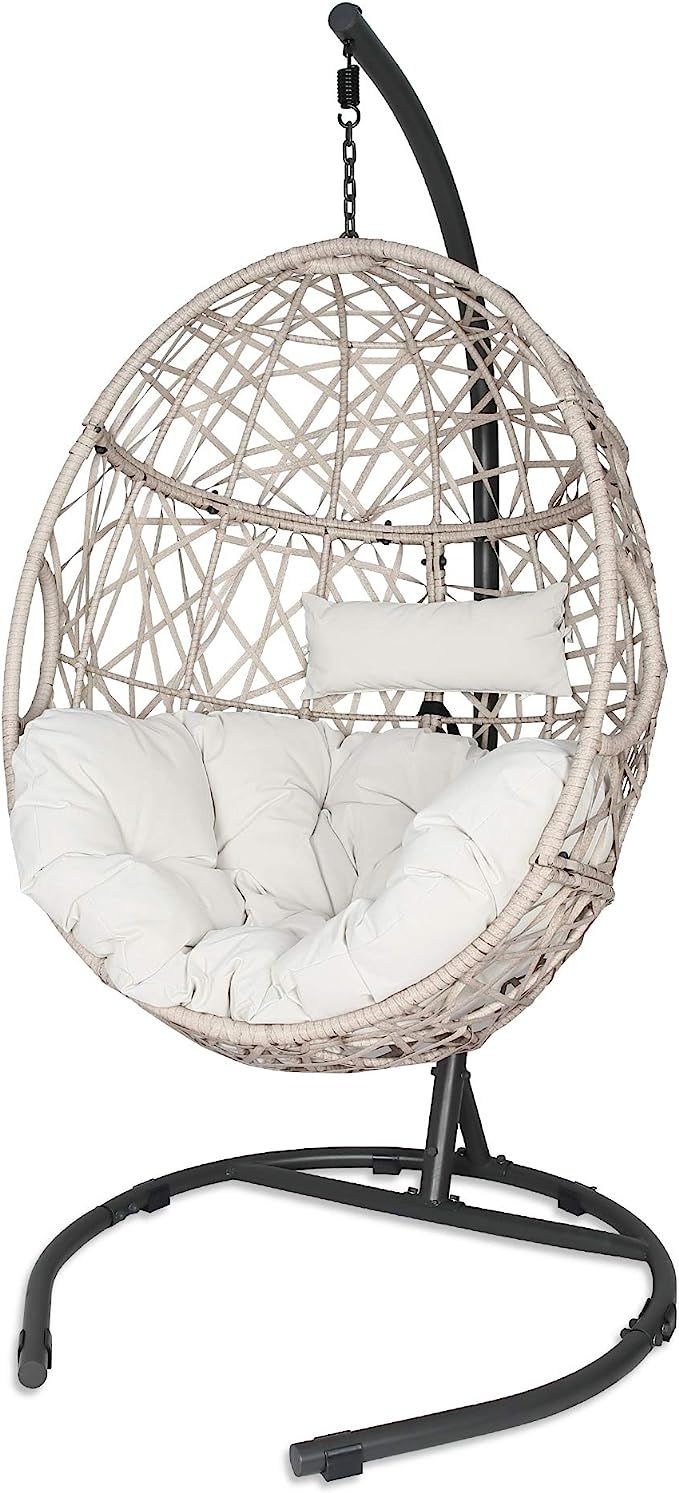 Outdoor Rattan Egg Hanging Swing Chair with Cushions and Stand (Beige) | Amazon (US)