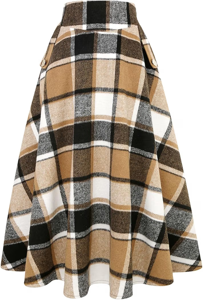 Women\u2019s Fall Winter High Waisted Wool Plaid A-line Long Skirt | Amazon (US)