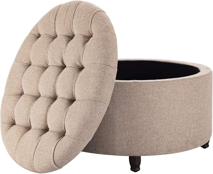 Classic 28-Inch Wide Button Tufted Round Storage Ottoman Footstool with Lift Off Lid, Light Brown... | Amazon (US)
