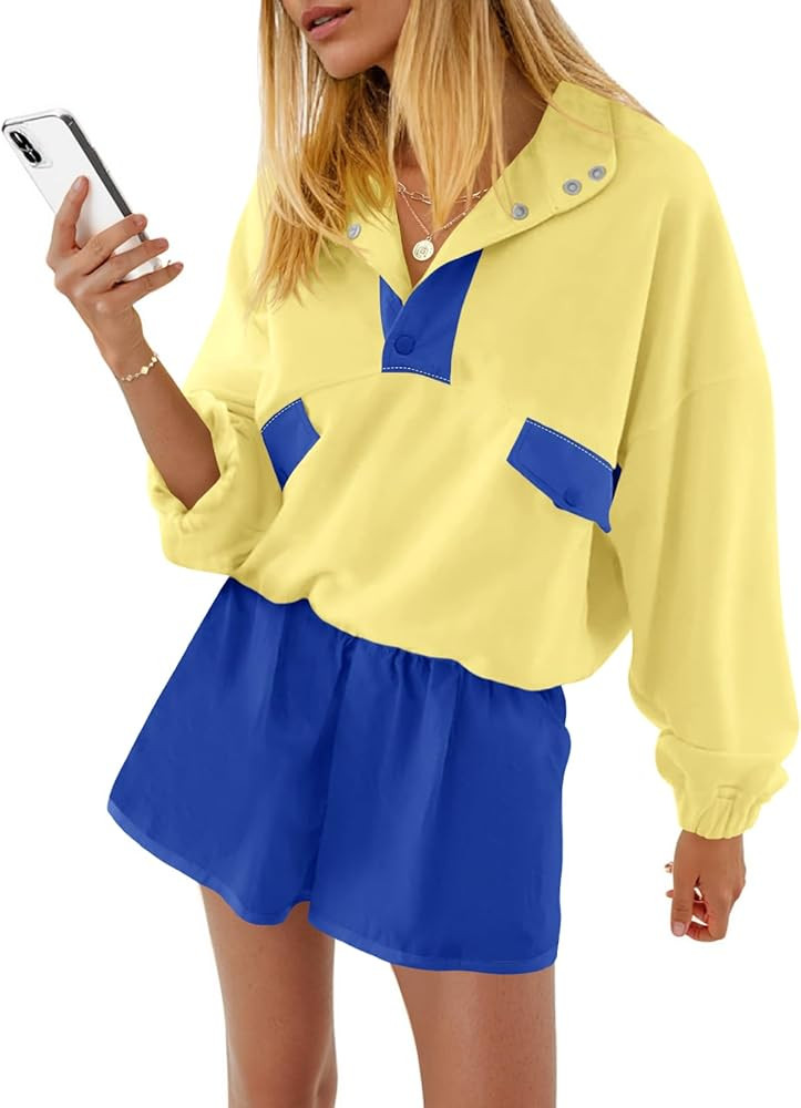 Fisoew Womens 2 Piece Outfits Sweatsuits Casual Snap Color Block Sweatshirts Running Shorts Sets ... | Amazon (US)