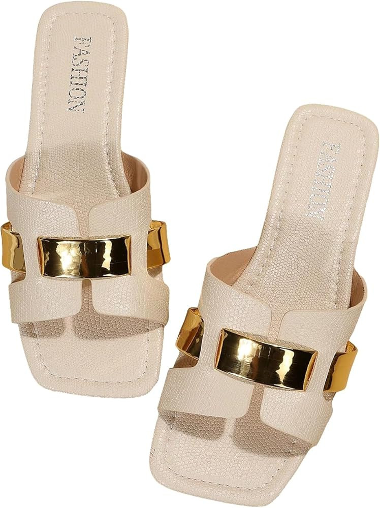 GORGLITTER H Sandals Cut Out Flat Sandals Open Toe H Slides Sandals | Amazon (US)