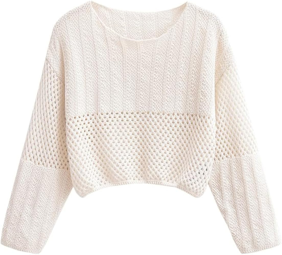 Autumn New Women's Beige Hollow Crochet Sweater O-Neck Long Sleeve Patchwork Holiday Wind Short K... | Amazon (US)