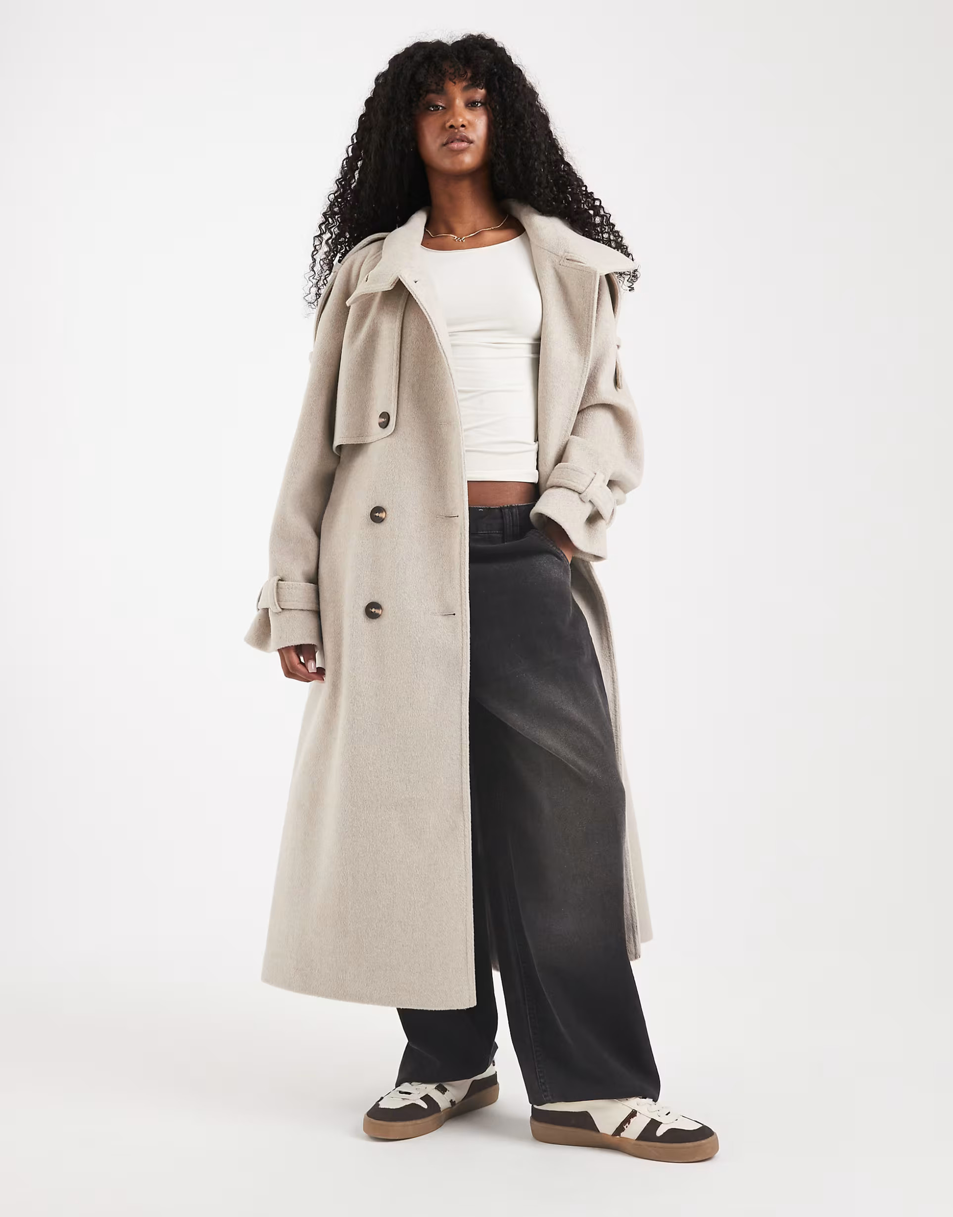 ASOS DESIGN brushed longline funnel neck trench coat in oatmeal melange | ASOS | ASOS (Global)