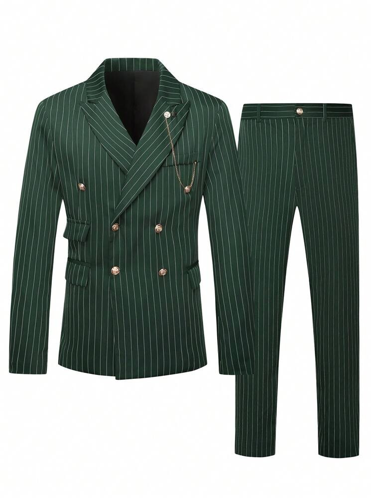 Manfinity Mode Men Notch Collar Long Sleeve Button Front Striped Minimalist Top And Pants Casual Suit Set | SHEIN