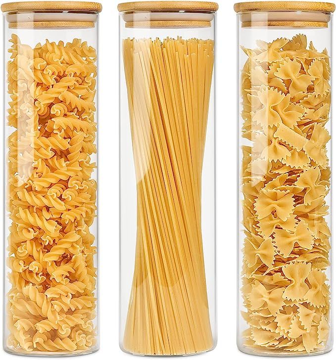 KTMAMA Glass Spaghetti Pasta Storage Container with Lid 47oz, Tall Clear Airtight Food Storage Ja... | Amazon (US)