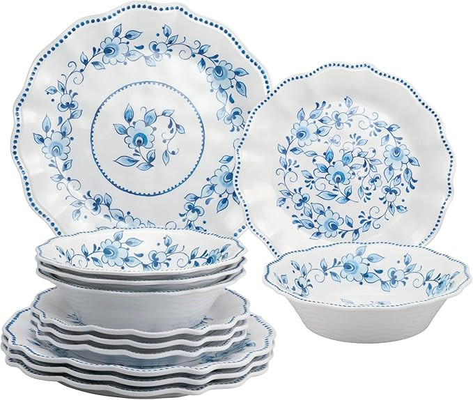 UPware 12-Piece Melamine Dinnerware Set, Includes Dinner Plates, Salad Plates, Bowls, Service for... | Amazon (US)