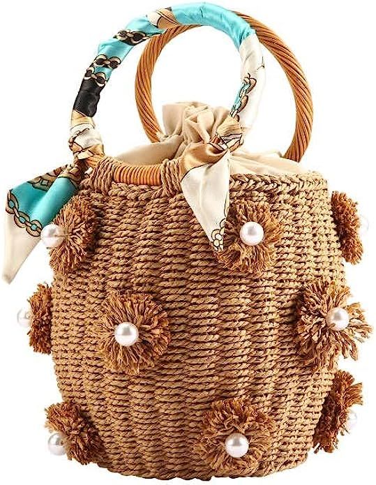 NIBD Flower Pearls Rattan Tote Bag Summer Beach Drawstring Straw Bucket Bag Diamonds Woven Handba... | Amazon (US)