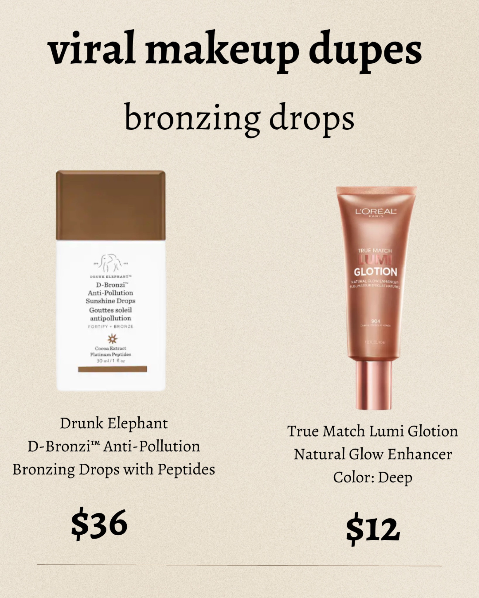 Viral Makeup Dupes
Drunk Elephant D-Bronzi™ Anti-Pollution Bronzing Drops with Peptides
True Match Lumi Glotion Natural Glow Enhancer Color: Deep
Beauty finds | makeup | drugstore makeup | drugstore beauty 

#LTKbeauty #LTKunder50 #LTKFind