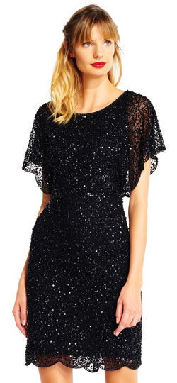 Sequin Beaded Cocktail Dress with Flutter Sleeves and Scallop Trim | Adrianna Papell