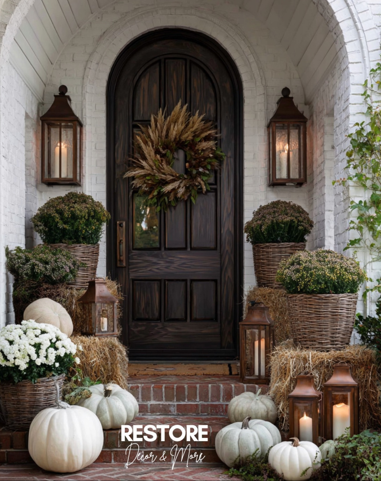 🍂 Cozy, neutral fall vibes 🍂 This front porch is styled with woven baskets of mums, rustic lanterns, white pumpkins, and a textured wheat wreath that makes the perfect statement on a dark wood door. It’s the ultimate inspiration for creating a warm and welcoming entryway this season. Tap to shop similar pumpkins, lanterns, and wreaths to recreate this look at home! 🏡✨

#fallfrontporch #fallporchdecor #neutralfalldecor #cozyaesthetic #pumpkindecor #modernfarmhousefall #outdoorfallstyle #frontdoorideas #falldecorinspo #porchdecorideas 

 #LTKSeasonal #LTKHome #LTKFindsUnder50