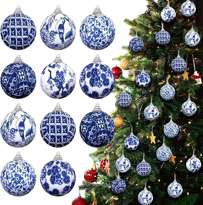Preboun 12 Pcs Christmas Chinoiserie Ball Ornaments Blue and White Chinoiserie Tree Decoration Ch... | Amazon (US)