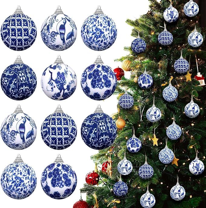 12 Pcs Christmas Blue and White Chinoiserie Ball Ornaments Christmas Tree Hanging Ornaments Chino... | Amazon (US)