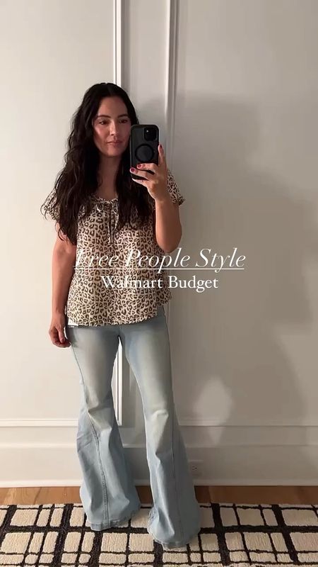Free People Style ~ Walmart Budget ✌🏽
These flares are $24.50!!!  I LOVE the color and the high waist.  They suck you in comfortably, and the back pocket placement is 👌🏽 They were just a bit too long for my 5’3” self, so I snipped a couple of inches off and now they’re perfect!  But if you’re tall, you’ll love the length! 