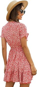 SheIn Women's Deep V-Neck Short Sleeve Tie Front Floral Print Ruffle Hem Dress | Amazon (US)