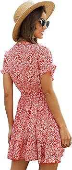 SheIn Women's Deep V-Neck Short Sleeve Tie Front Floral Print Ruffle Hem Dress | Amazon (US)