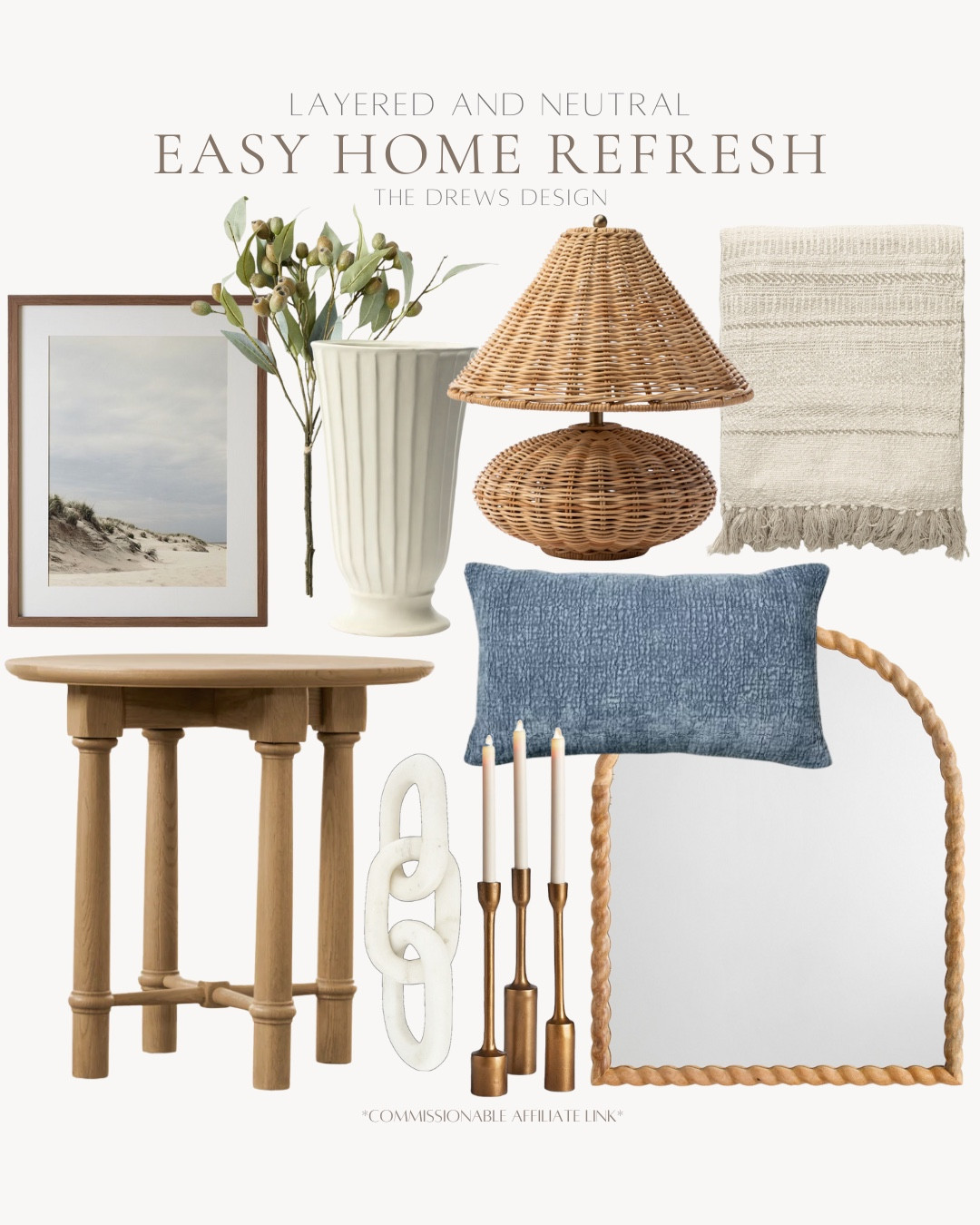 Easy home refresh includes arched mirror, pillow, throw blanket, candle stick holder, link decor, side tables, wall art, greenery stem, vase, and table lamp.

Neutral decor, coastal decor, home decor, elevated home decor

#LTKFindsUnder100 #LTKHome #LTKStyleTip