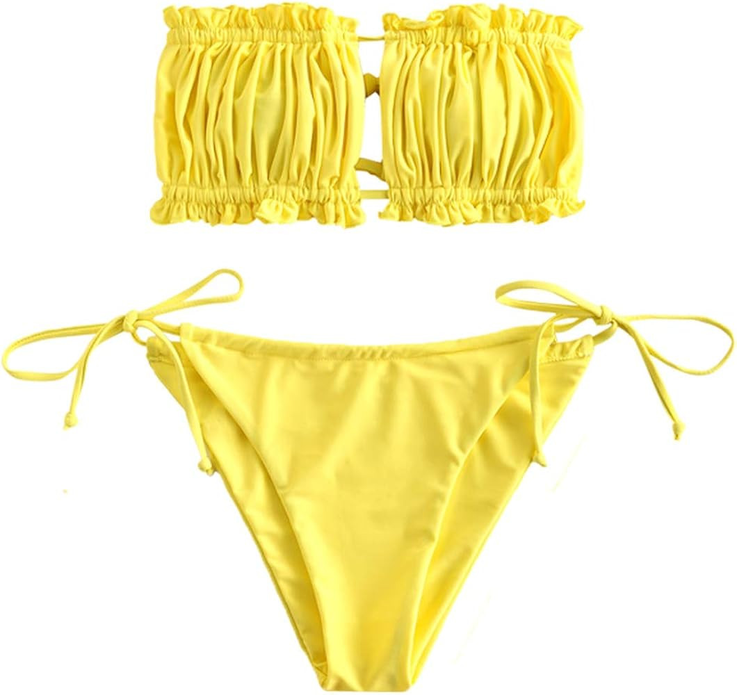 ZAFUL Women's Strapless Ribbed Tie Back Ruffle Cutout Bandeau Bikini Set Swimsuit | Amazon (US)