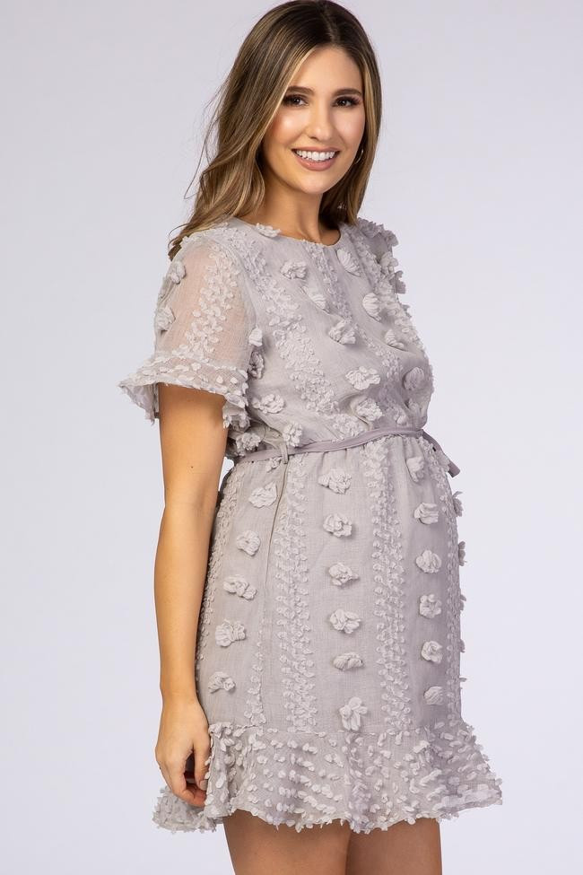 Grey Floral Applique Maternity Flounce Dress | PinkBlush Maternity