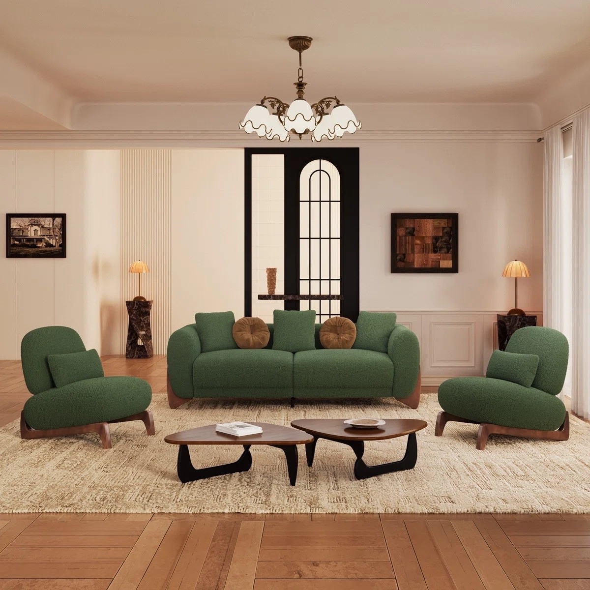 This modern boucle living room set creates such a bold and cozy vibe. The deep green sherpa upholstery makes the sofa and lounge chairs stand out beautifully while still feeling warm and inviting. Paired with the neutral textured rug and sculptural wood coffee tables, the whole look feels curated, stylish, and perfect for a contemporary space.

