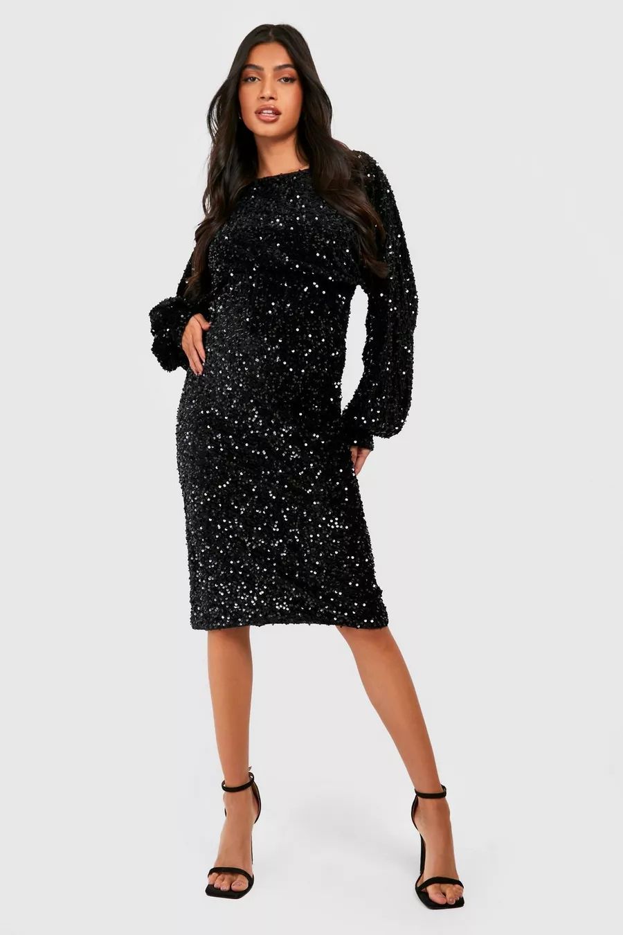 Maternity Velvet Sequin Blouson Midi Dress | boohoo (US & Canada)