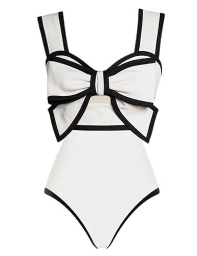 FLAXMAKER Black and White Swimsuit Bow-tie Decor One Piece Bathing Suit(White,L) | Amazon (US)
