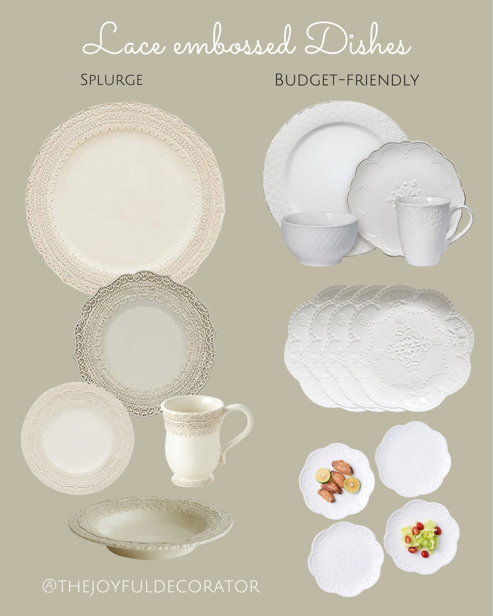 Lace embossed dishes 

Splurge and budget-friendly options. 

Lace etched plates, lace etched dishes, Arte Italica Finezza, splurge and save dishes 

#LTKhome #LTKparties
