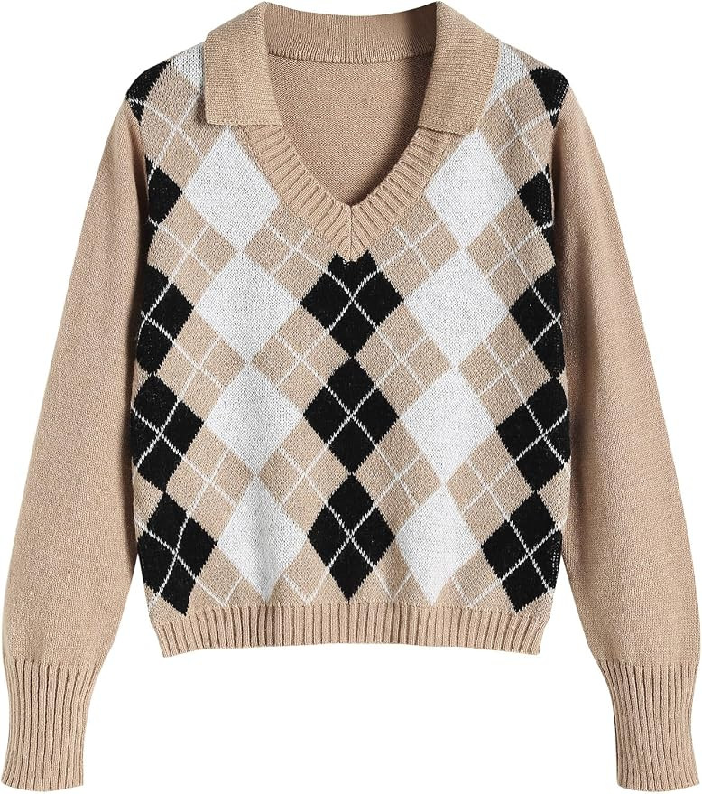 ZAFUL Women's Argyle Sweater V-Neck Cropped Sweater Long-Sleeve Plaid Sweater Pullover Jumper Kni... | Amazon (US)