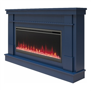 Pemberly Row Mantel Electric Fireplace & Crystal Ember Bed in Navy | Homesquare