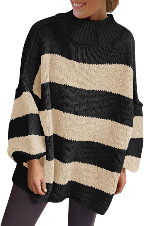 Saodimallsu Womens Oversized Striped Sweater Mock Neck Chunky Knit Lantern Long Sleeve Fall Trend... | Amazon (US)