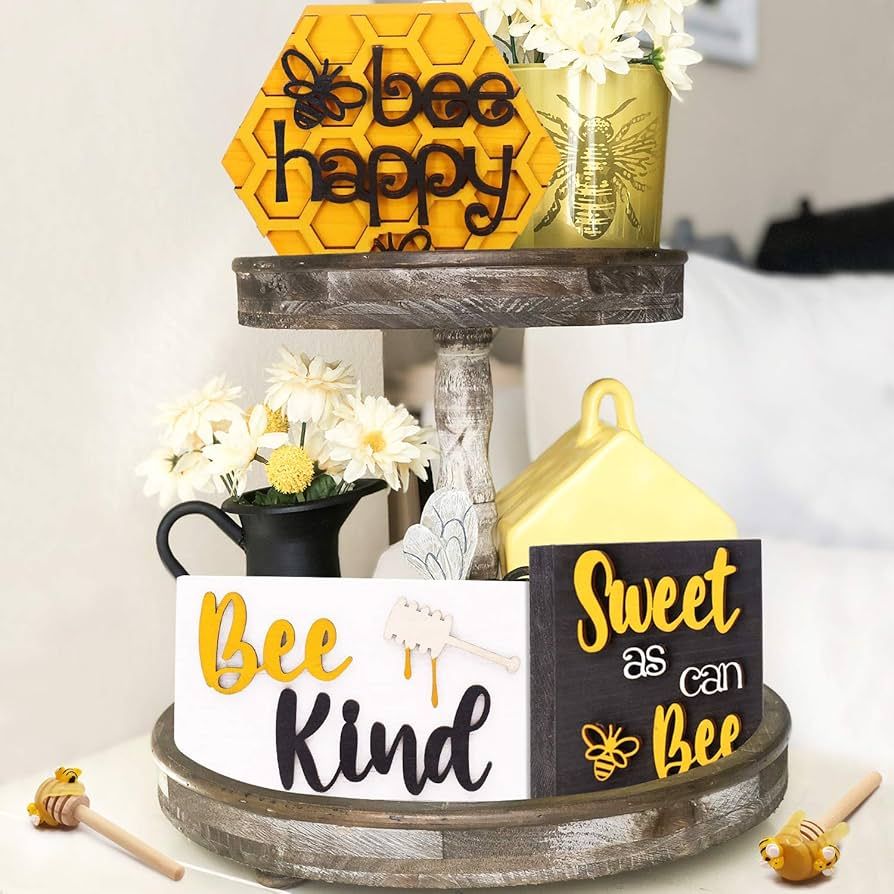 Huray Rayho Bee Wooden Sign Tiered Tray Decor Set of 5, Bee Happy Honeycomb 3D Letter Raised Lase... | Amazon (US)