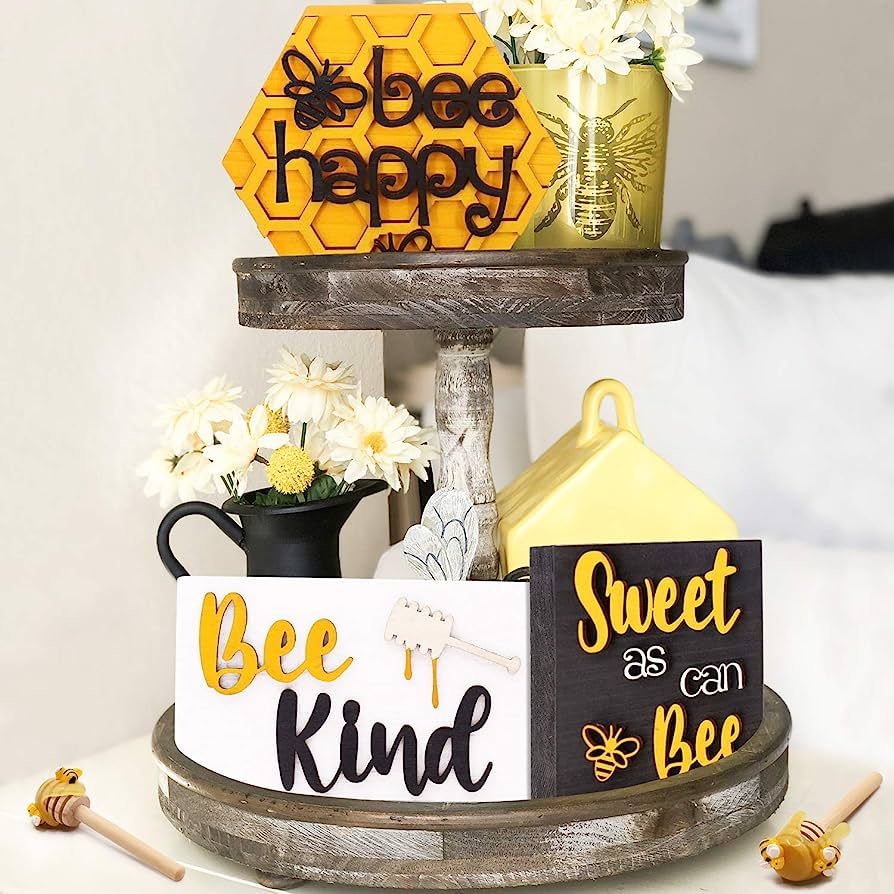 Huray Rayho Bee Wooden Sign Tiered Tray Decor Set of 5, Bee Happy Honeycomb 3D Letter Raised Lase... | Amazon (US)