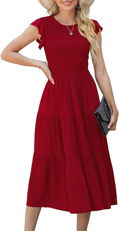 GRECERELLE Women's Summer Dresses Casual Puffy Short Sleeve Round Neck Smocked Waist Tiered Midi ... | Amazon (US)