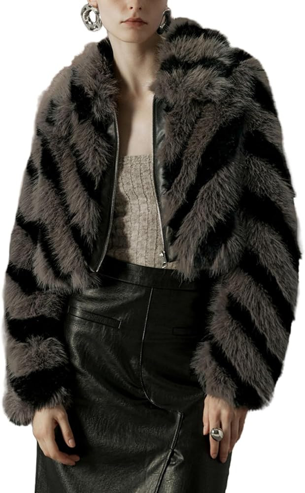 Bellivera Womens Faux Fur Leather Jacket Fleece Cropped Warm Fluffy Coat Soft Zip Outerwear | Amazon (US)