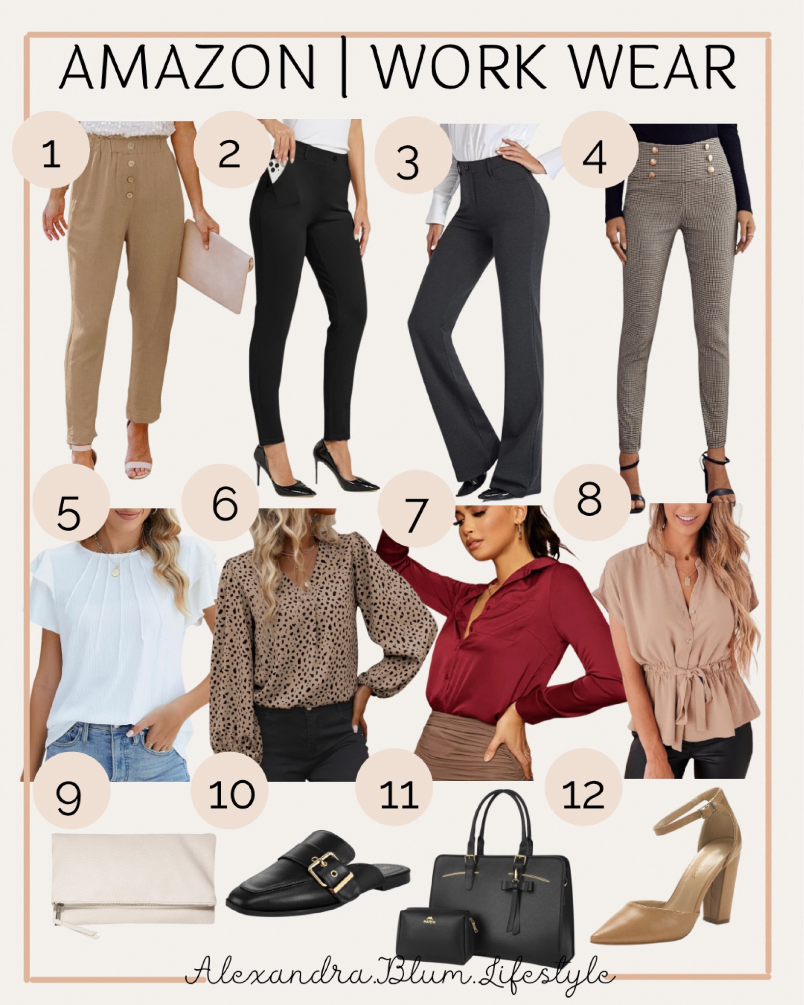 Amazon work wear outfits! Cute dress pants, blouses, and work wear accessories!! Cute work tops, black tote bag, ivory clutch, black mules, and brown heels! 

#LTKfindsunder50 #LTKmidsize #LTKover40
