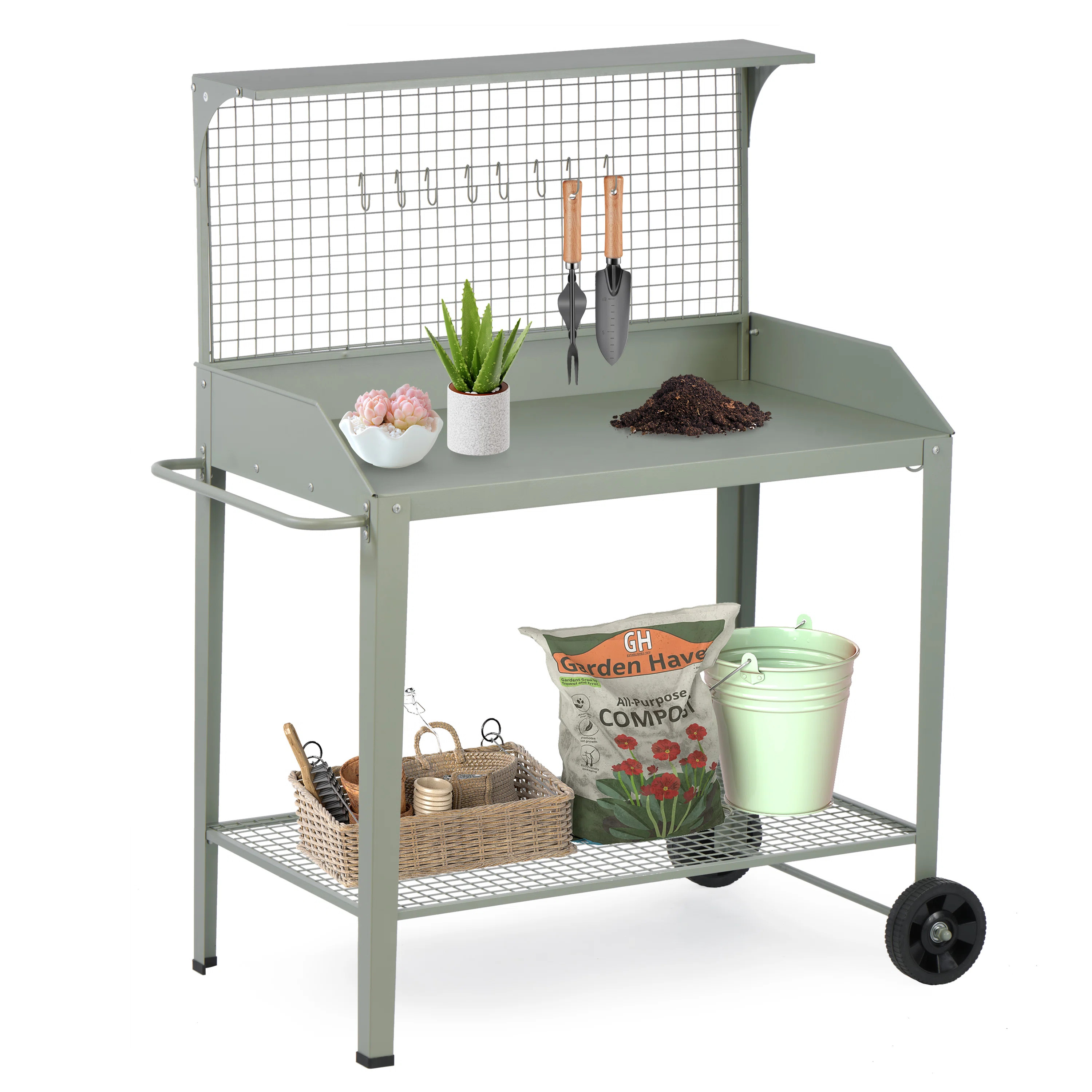 17 Stories Outdoor Metal Potting Bench with Wheels and Storage Shelf & Reviews | Wayfair | Wayfair North America
