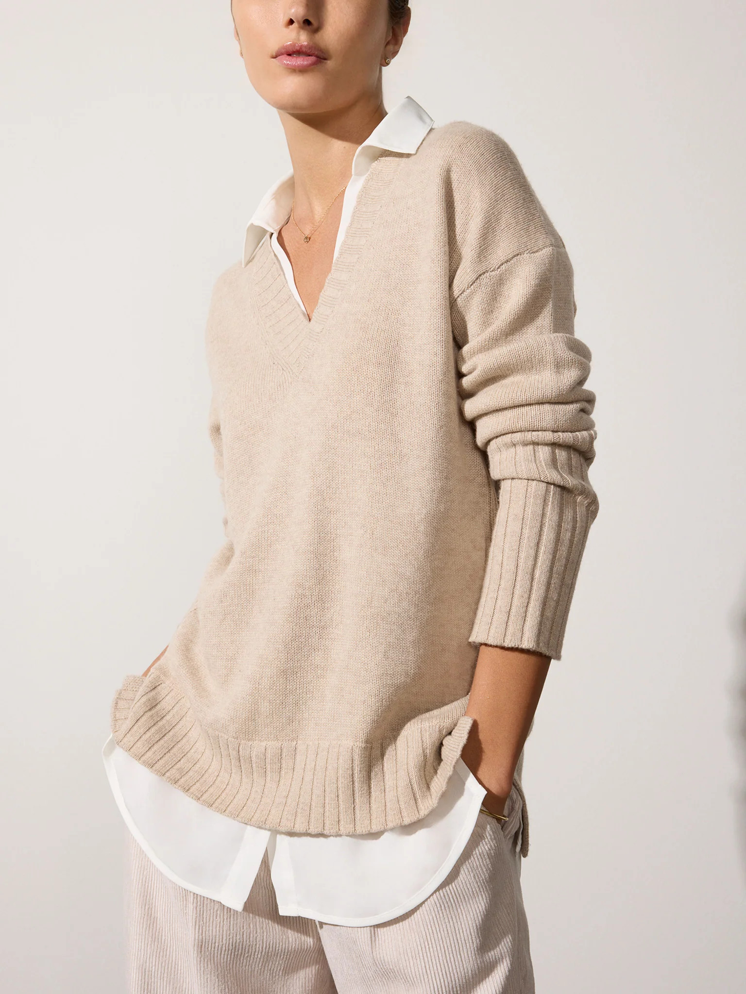 Women's Tatum Layered V Neck Looker in Dune Mélange with White | Brochu Walker | Brochu Walker