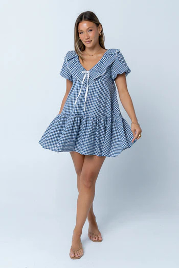 Tony Gingham Baby Doll Dress in Blue | Böhme US