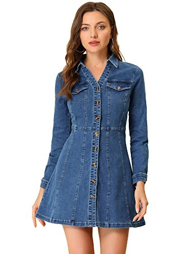 Allegra K Women's Denim Dress Button Down Collar V Neck Long Sleeve A-line Cotton Jean Dress Medium Blue | Amazon (US)