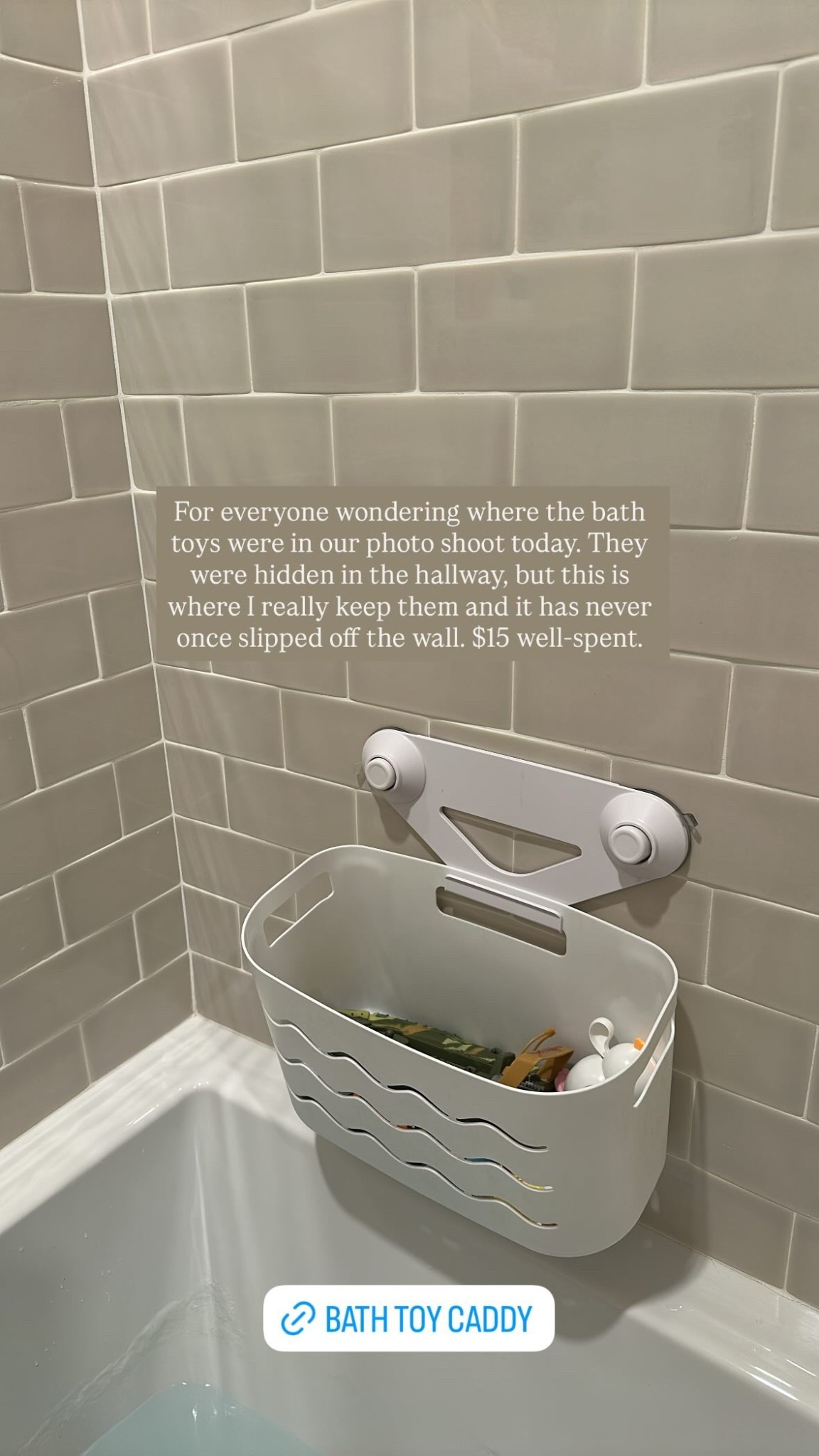 For everyone wondering where the bath toys were in our photo shoot today. They were hidden in the hallway, but this is where I really keep them and it has never once slipped off the wall. $15 well-spent.