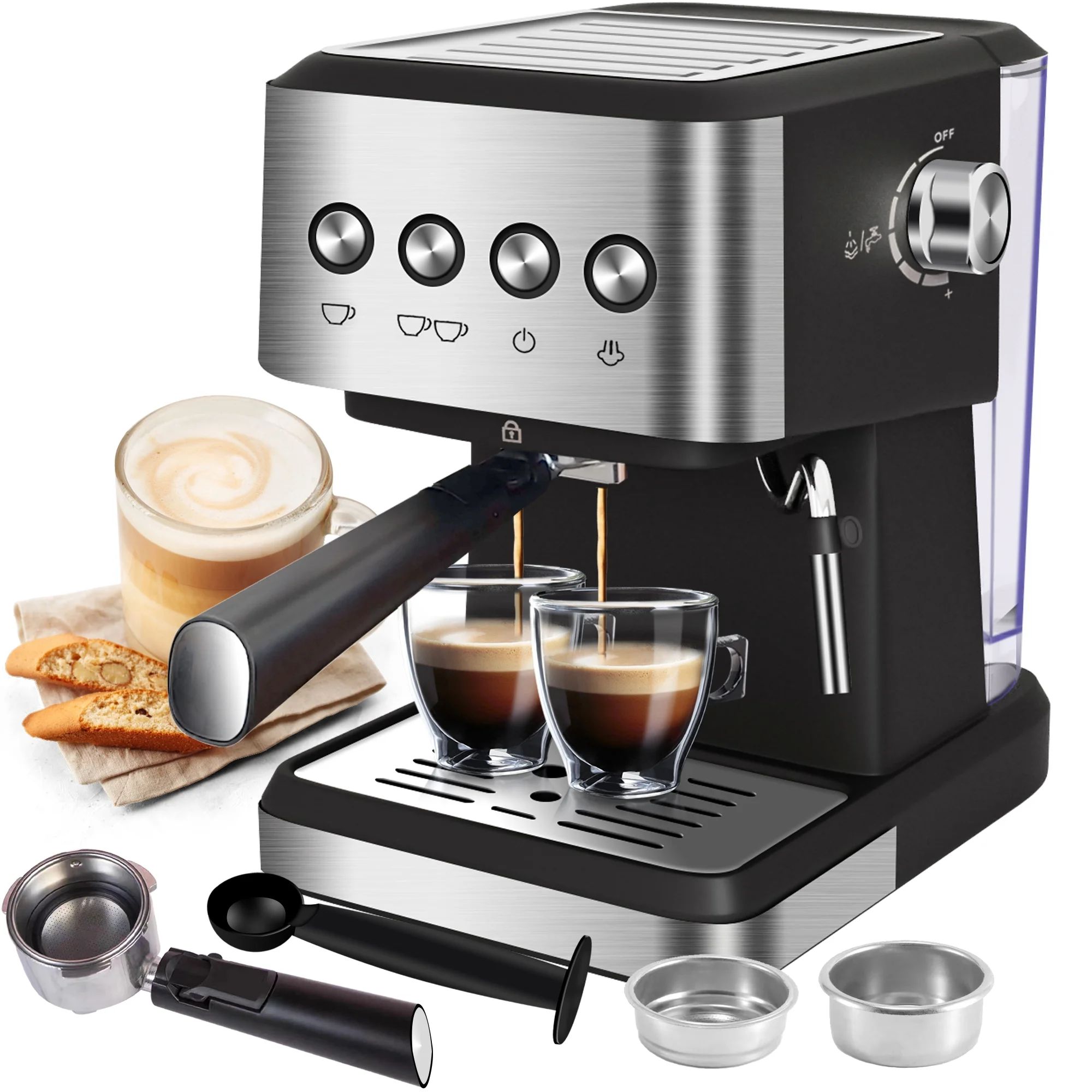 Espresso Machine 20 Bar, 1.5L Water Tank Milk Frother Steam, Stainless Steel Coffee Maker, Silver | Walmart (US)