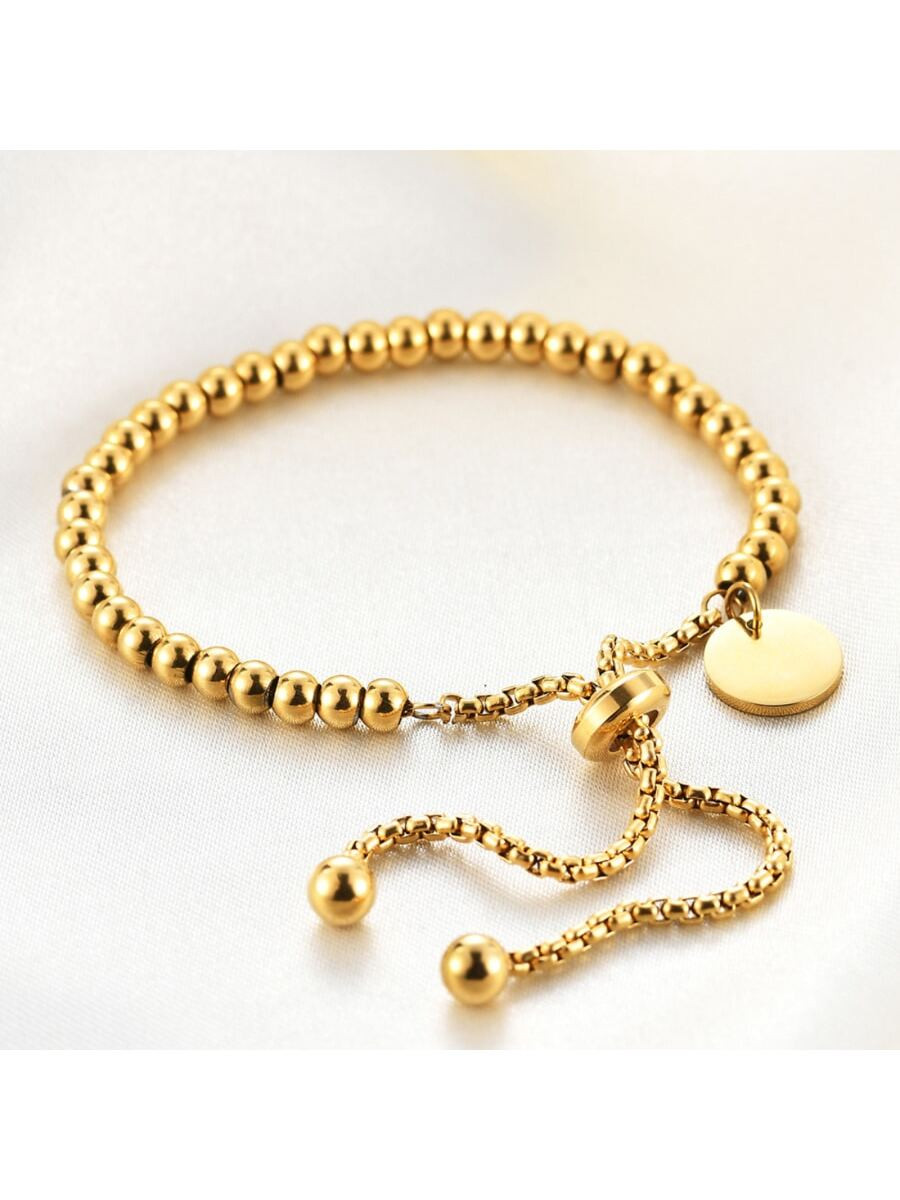 1 pieza Pulsera con cuenta simple & de moda de acero inoxidable chapado colgante de redondo ajust... | SHEIN
