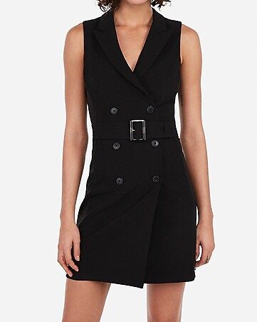 sleeveless belted suit dress | Express