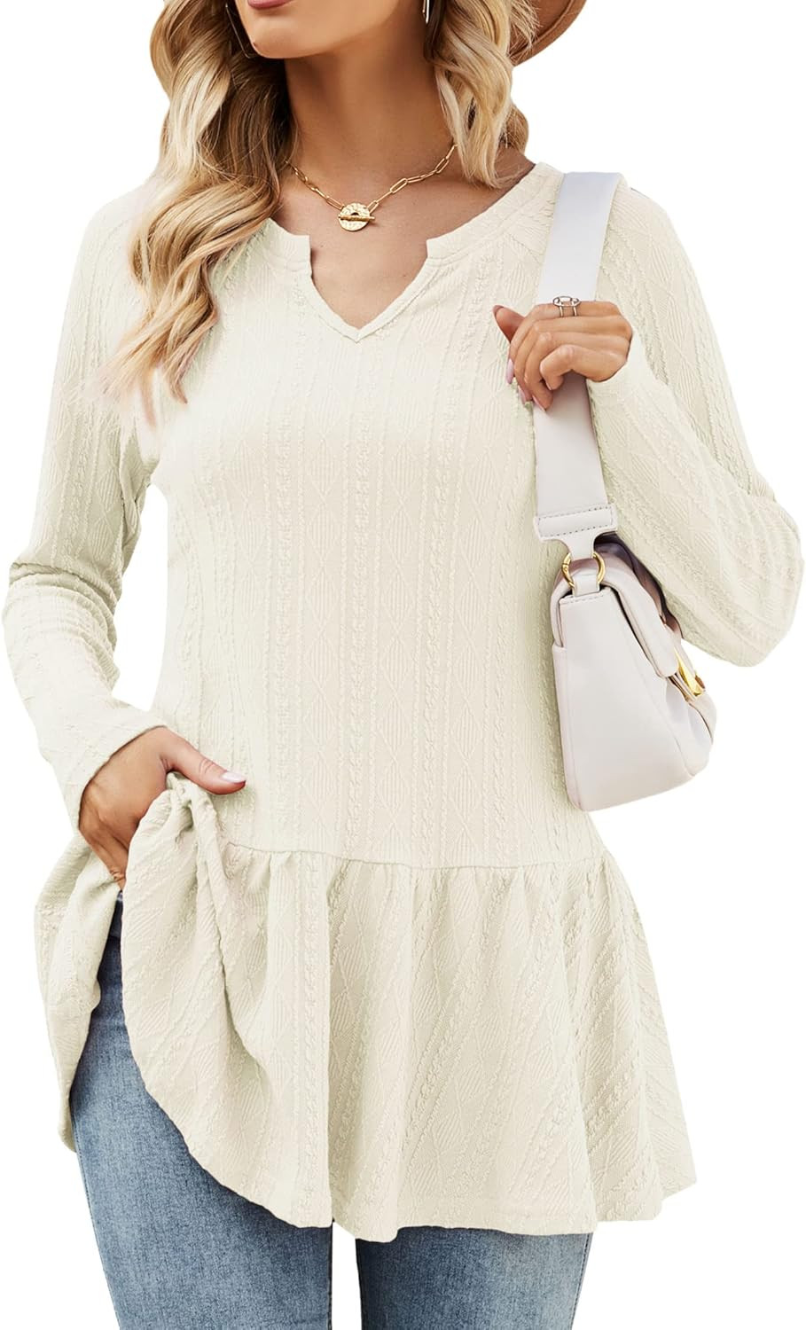 JoyJoy Womens Notch V Neck Peplum Tops Long Sleeve Ruffle Hem Ribbed Tunic Top Blouse | Amazon (US)