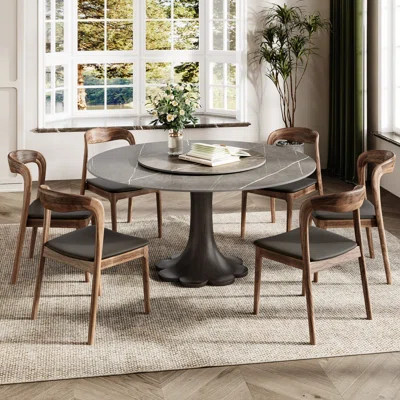 Gray Sintered Stone Round Dining Table Set With Lazy Susan, Solid Wood Pedestal Yairi | Wayfair North America
