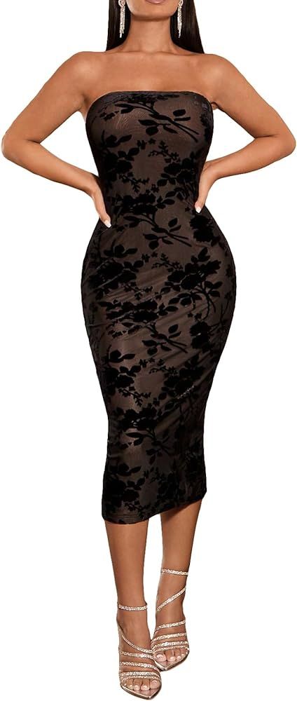 SweatyRocks Women's Floral Print Tube Bodycon Dress Elegant Strapless Split Hem Midi Dress | Amazon (US)