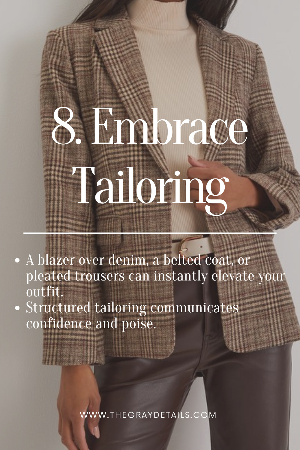 A blazer over denim, a belted coat, or pleated trousers can instantly elevate your outfit. Structured tailoring communicates confidence and poise.
 

 #LTKSeasonal #LTKStyleTip #LTKWorkwear
