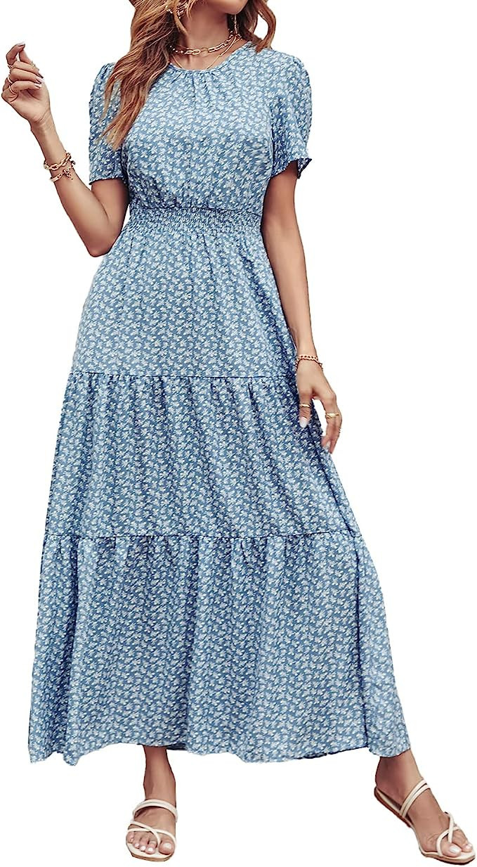 PRETTYGARDEN Women's Summer Casual Short Flutter Sleeve Round Neck Smocked Waist Tiered Boho Flor... | Amazon (US)